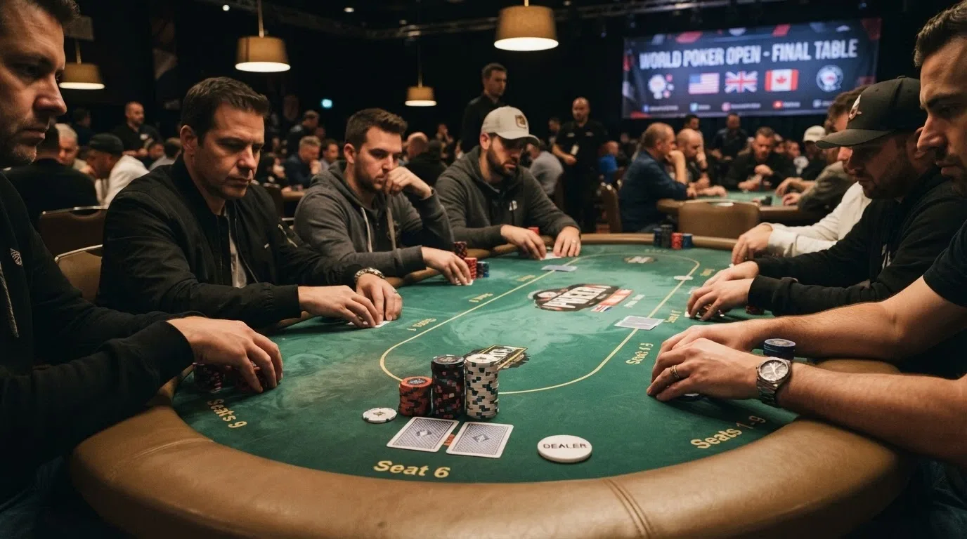 Mesa de poker en vivo con fichas, cartas sobre el tapete y el logo del EPT visible en el lateral de la sala