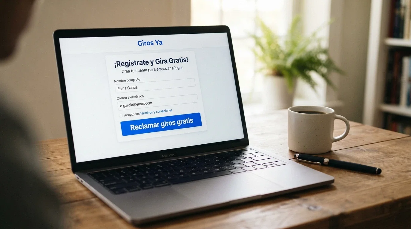 Un formulario de registro en la pantalla de un portátil con el botón de «Reclamar giros gratis» destacado, sin ningún campo de pago visible