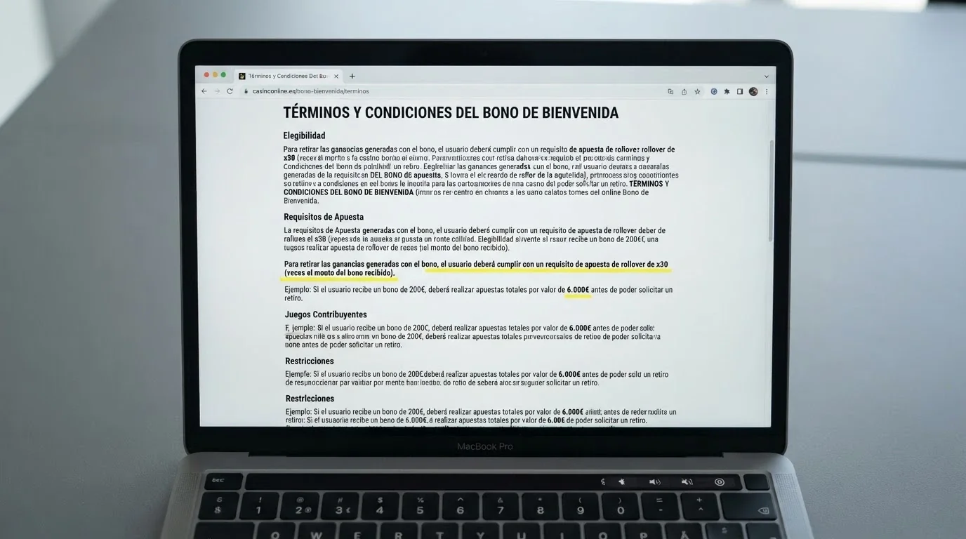 Primer plano de los términos y condiciones de un bono de casino en pantalla, con el multiplicador de rollover (x30) y el importe total a apostar (6.000€) resaltados con un subrayador digital amarillo