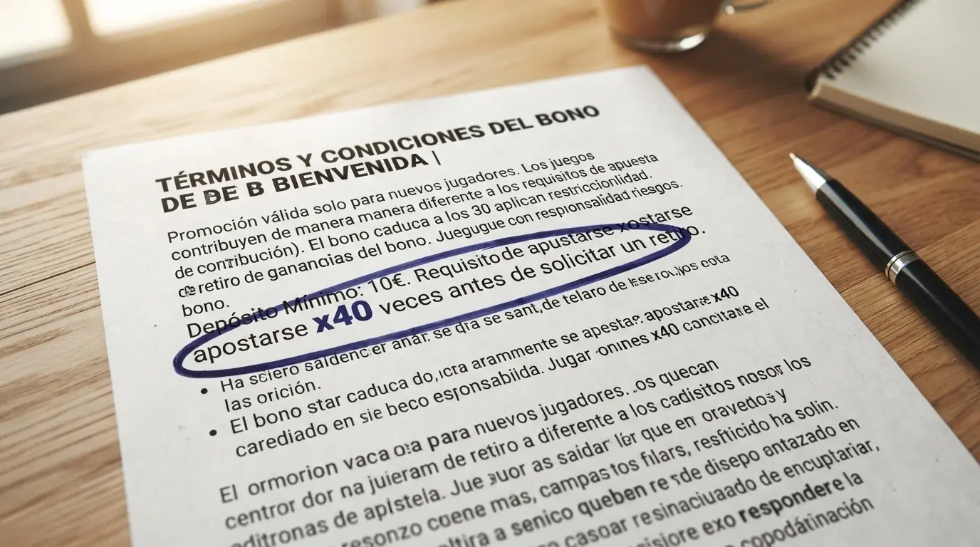 Primer plano de los términos y condiciones de un bono de casino con el multiplicador de rollover resaltado