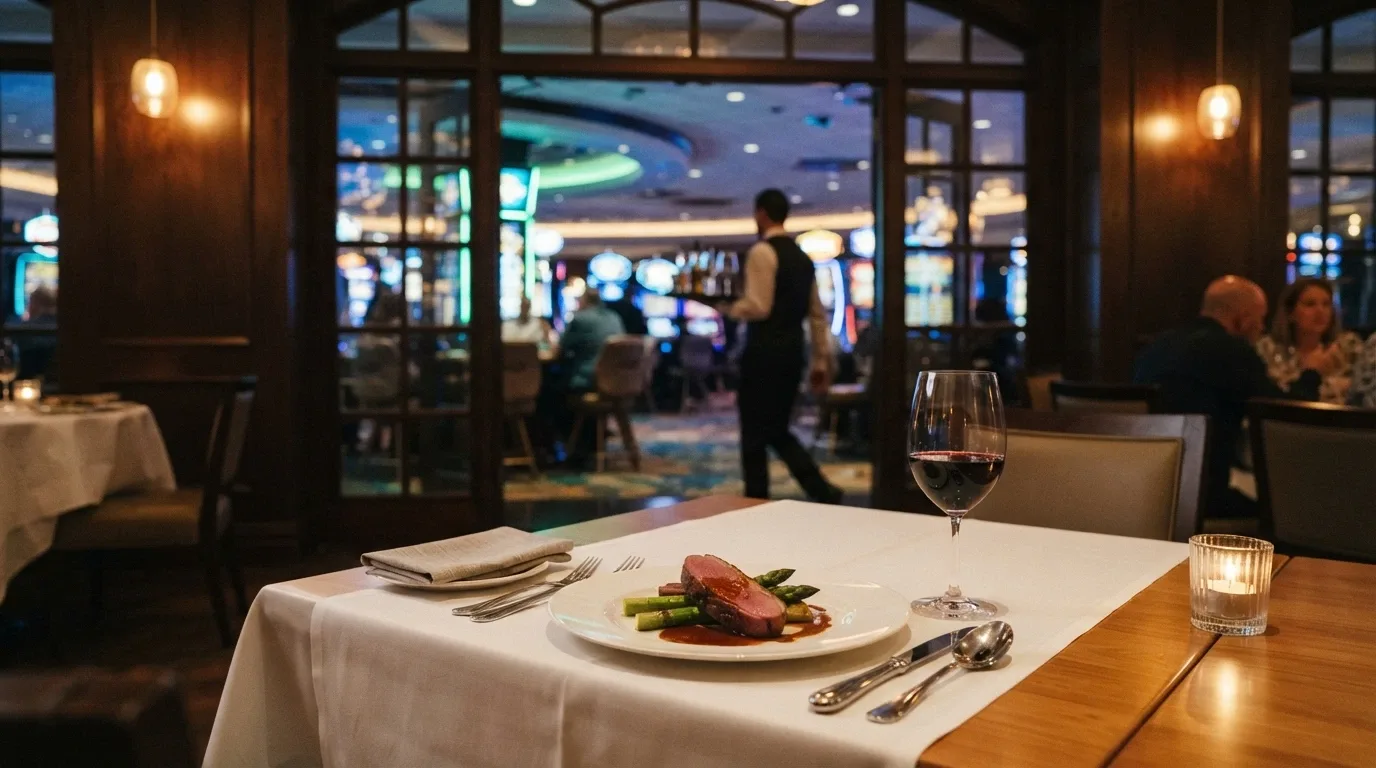 Mesa dispuesta en el restaurante del casino con vistas a la sala de juego al fondo, plato principal y copa de vino en primer plano