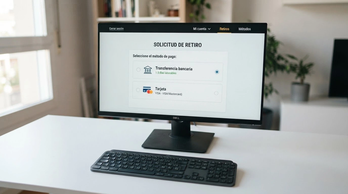 Captura del proceso de retirada en un casino online mostrando las opciones de transferencia bancaria y tarjeta como métodos de retirada