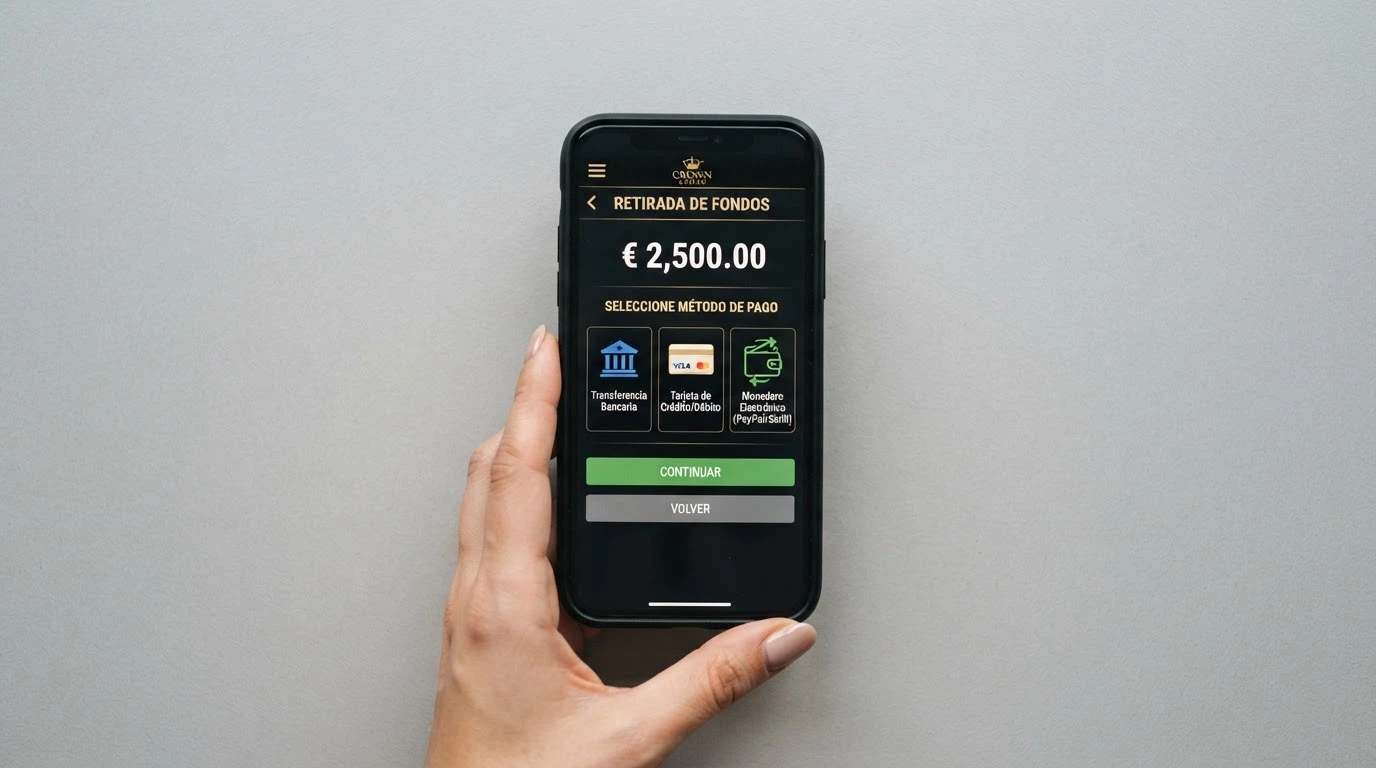 La pantalla de solicitud de retirada de un casino online con el importe a cobrar en euros y los métodos de pago disponibles: transferencia bancaria, tarjeta y monedero electrónico, sin la opción de Dogecoin.