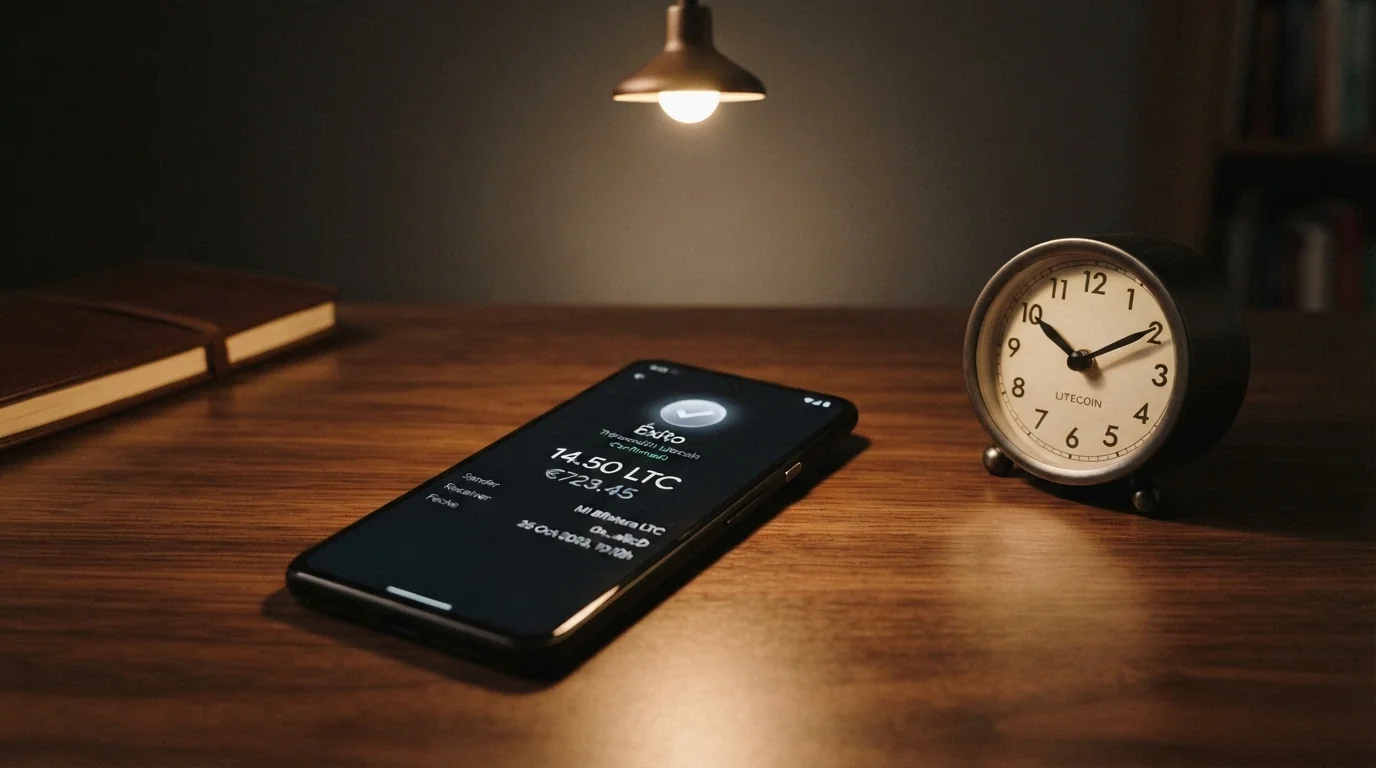 Una cartera de Litecoin mostrando una transacción completada con el importe en euros junto al reloj que marca pocos minutos