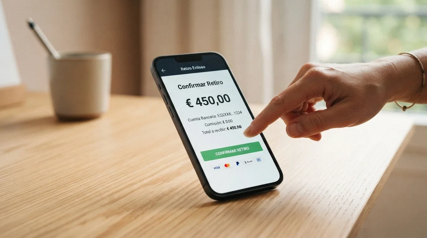 Pantalla de retirada de fondos en un casino online con los métodos de pago disponibles