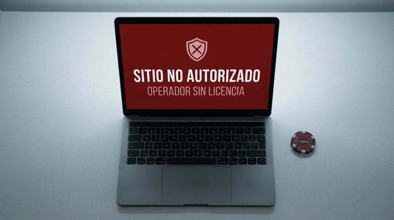 Pantalla de bloqueo de un sitio web con un aviso de la DGOJ en español indicando que el operador carece de licencia