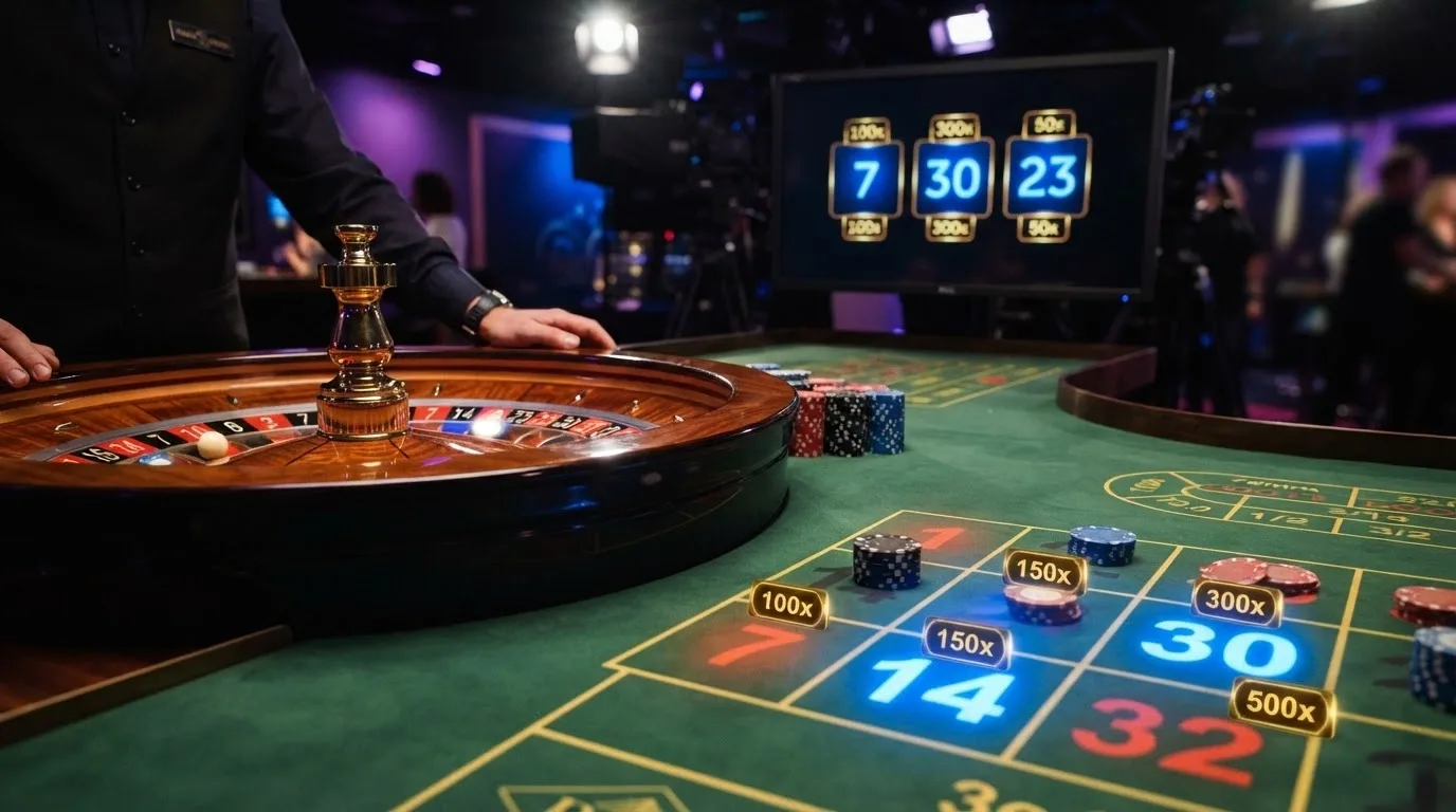 Mesa de Lightning Roulette de Evolution Gaming con números iluminados por rayos y los multiplicadores visibles en la interfaz
