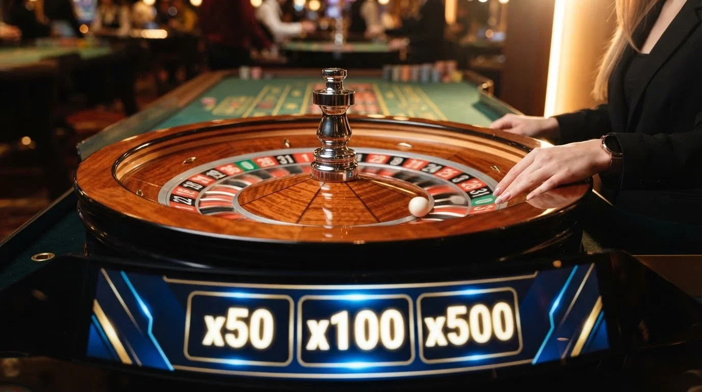 Mesa de ruleta en vivo con crupier lanzando la bola y primer plano del panel de multiplicadores iluminado