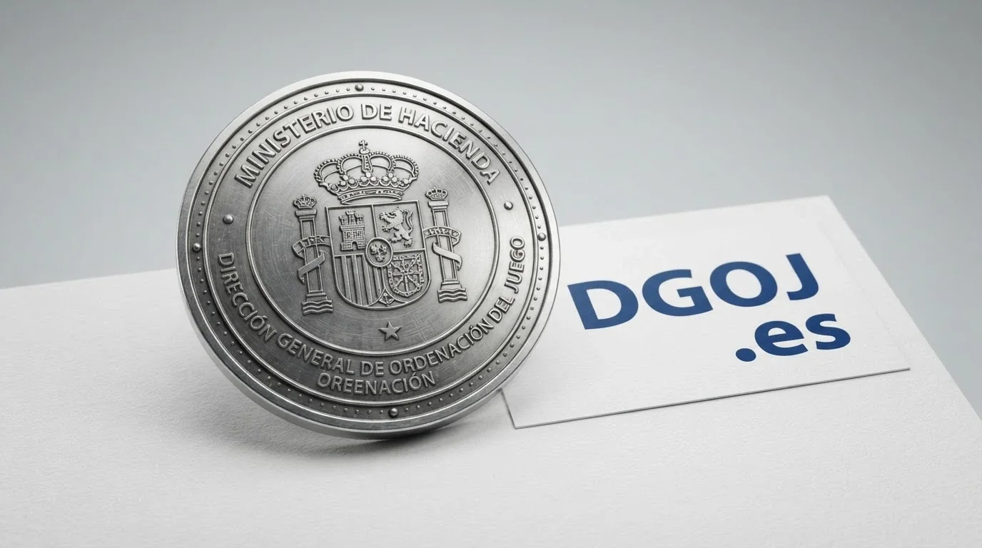 Sello de la Dirección General de Ordenación del Juego junto al dominio .es de un casino online autorizado