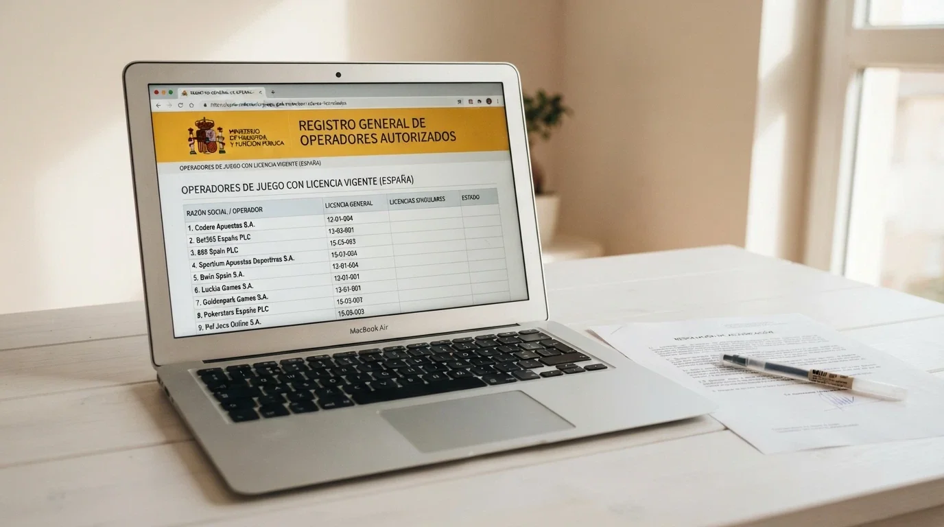 Captura parcial del listado oficial de operadores con licencia en la web de la DGOJ (ordenacionjuego.es), con el dominio .es y el escudo oficial visibles