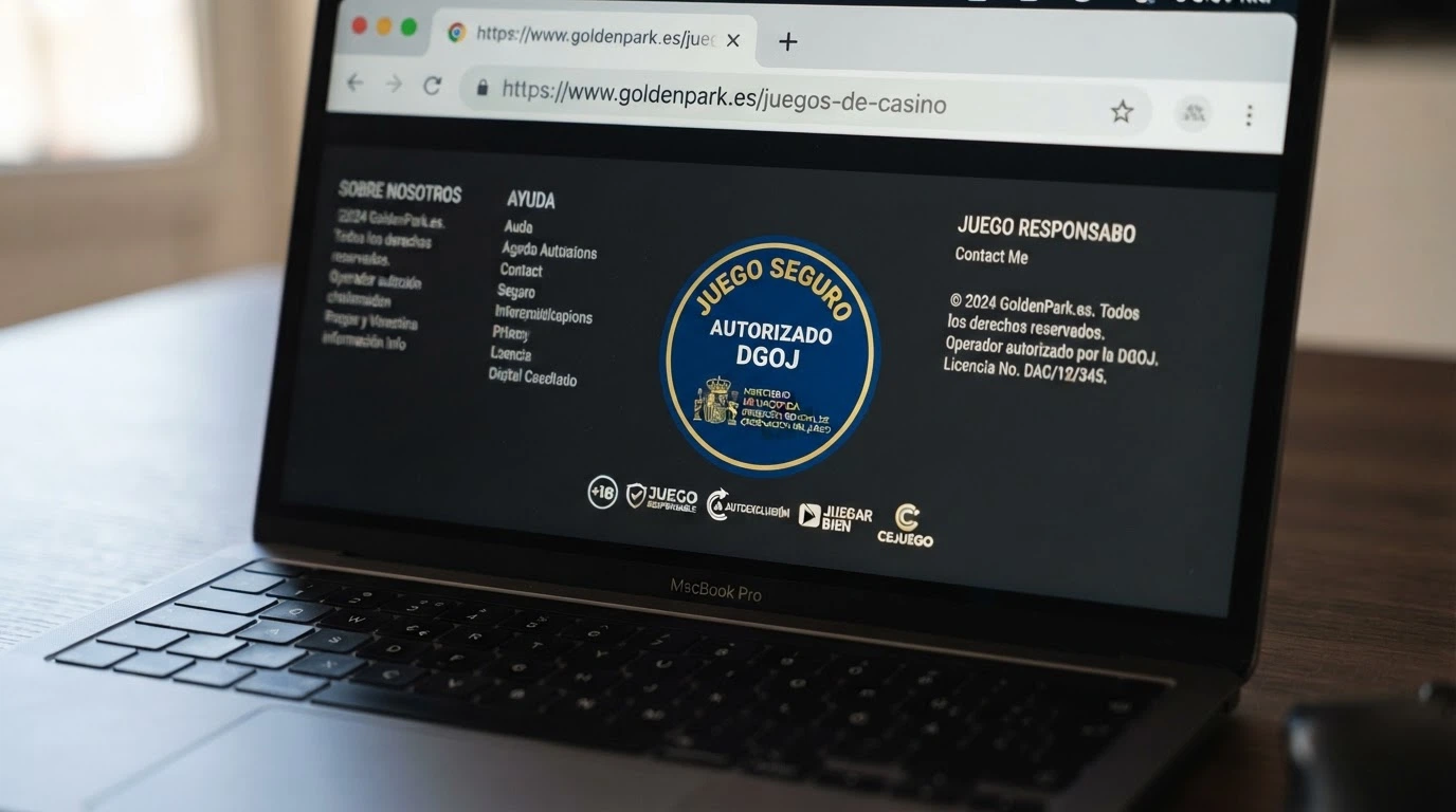 Detalle del sello de licencia DGOJ en el pie de página de un casino online, con el dominio .es visible en la barra del navegador