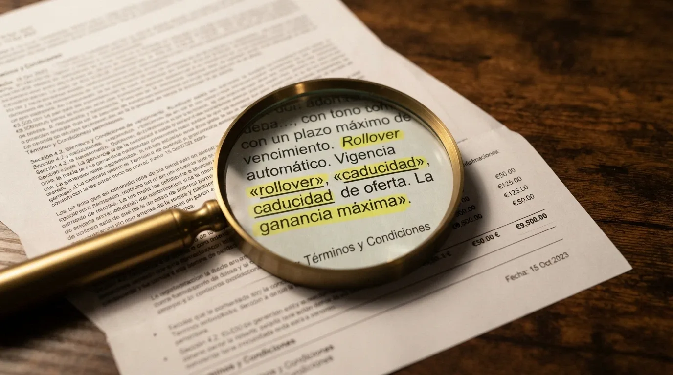 Una lupa sobre la letra pequeña de los términos de un bono sin depósito, con las palabras «rollover», «caducidad» y «ganancia máxima» subrayadas