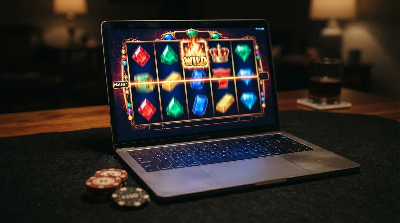 Interfaz colorida de una slot online popular como Book of Dead o Starburst con los rodillos en movimiento