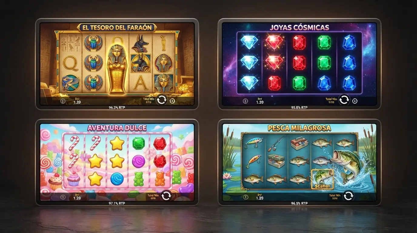 Collage de portadas de cuatro tragaperras: Book of Dead, Starburst, Sweet Bonanza y Big Bass Splash con su porcentaje de RTP junto a cada una