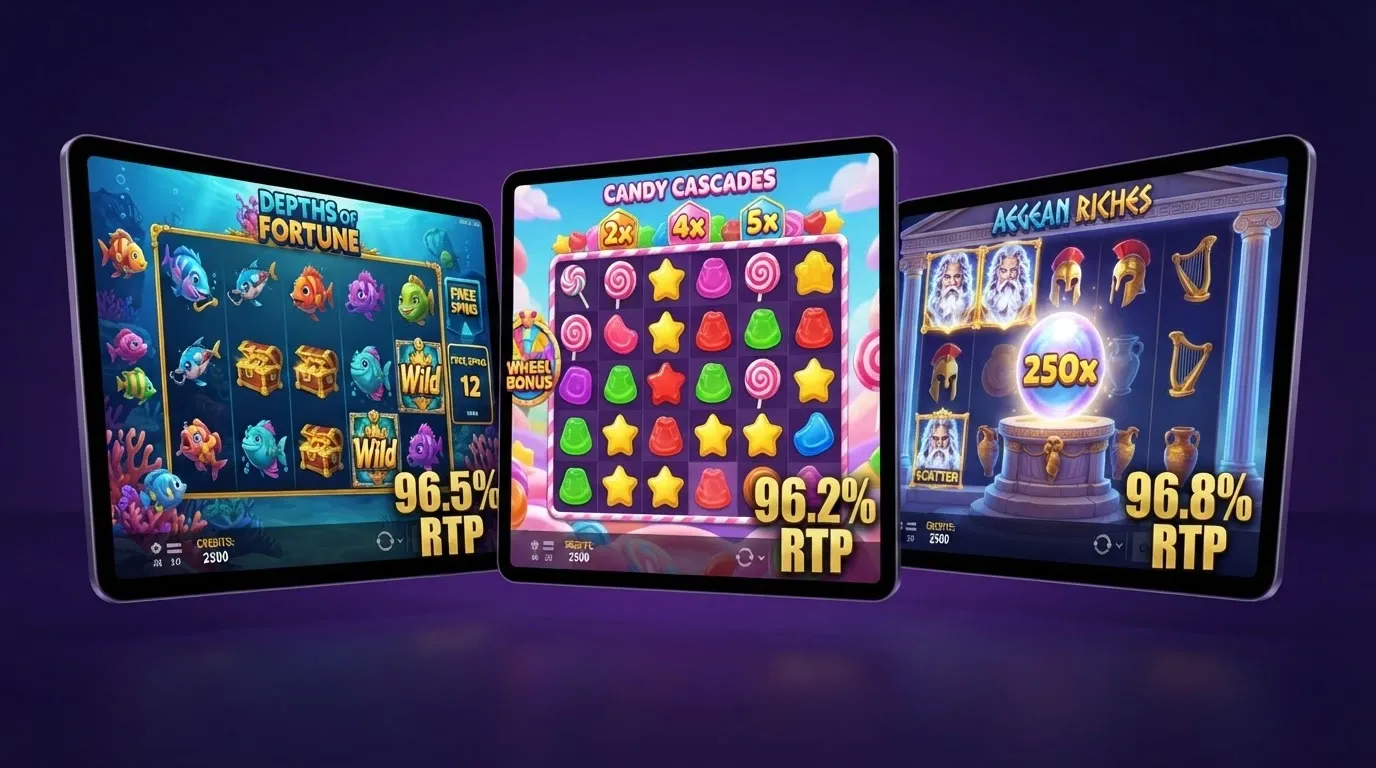 Collage de tres carátulas de slots populares — Big Bass Splash, Sweet Bonanza y Gates of Olympus — con el porcentaje de RTP de cada una superpuesto