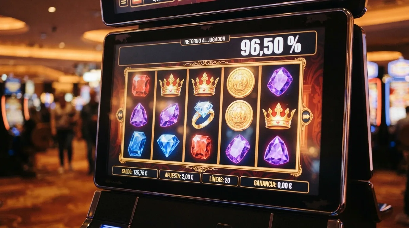 Captura parcial del carrete de una tragaperras con el porcentaje RTP visible, en entorno de casino online