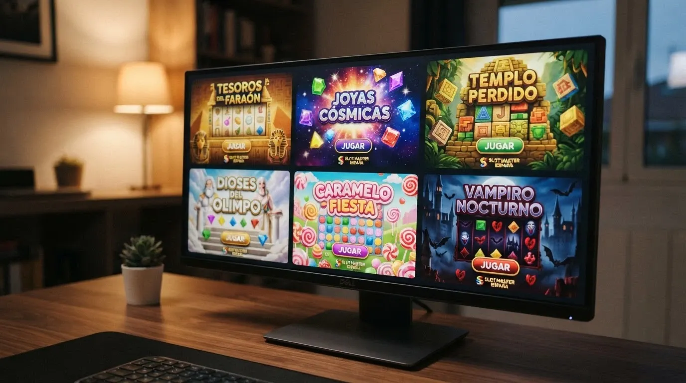 Collage de las pantallas de inicio de Book of Dead, Starburst, Gonzo's Quest, Gates of Olympus, Sugar Rush y Blood Suckers en un monitor de ordenador, con el porcentaje de RTP superpuesto en la esquina de cada slot