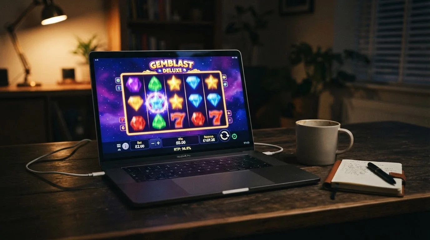 Captura de una tragaperras online colorida con el porcentaje de RTP visible en la pantalla de información del juego