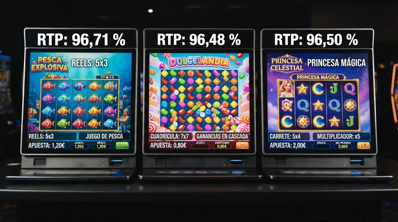 Una composición de tres pantallas de tragamonedas populares (Big Bass Splash, Sweet Bonanza, Starlight Princess) con sus porcentajes de RTP superpuestos en grande