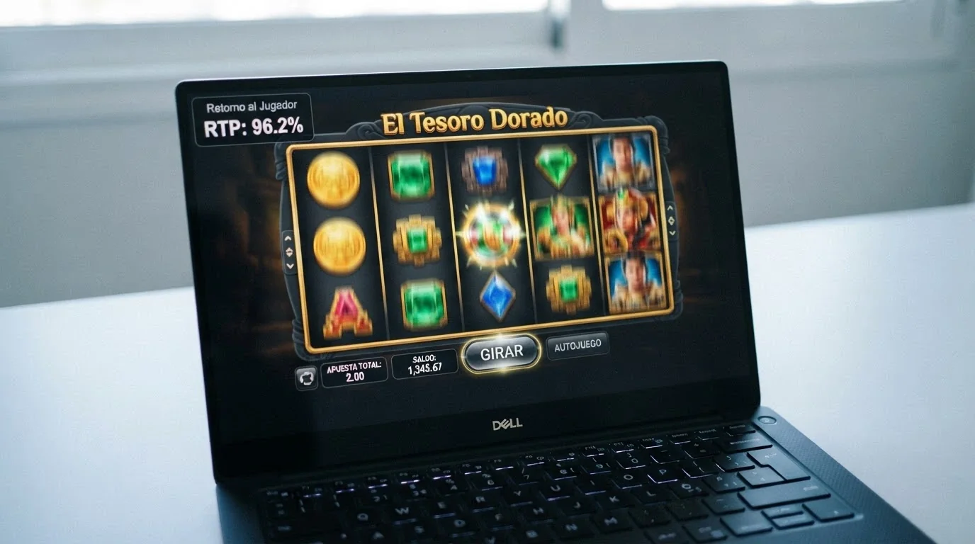Interfaz de una tragaperras online con los rodillos en movimiento y el porcentaje de RTP visible en la pantalla de información del juego