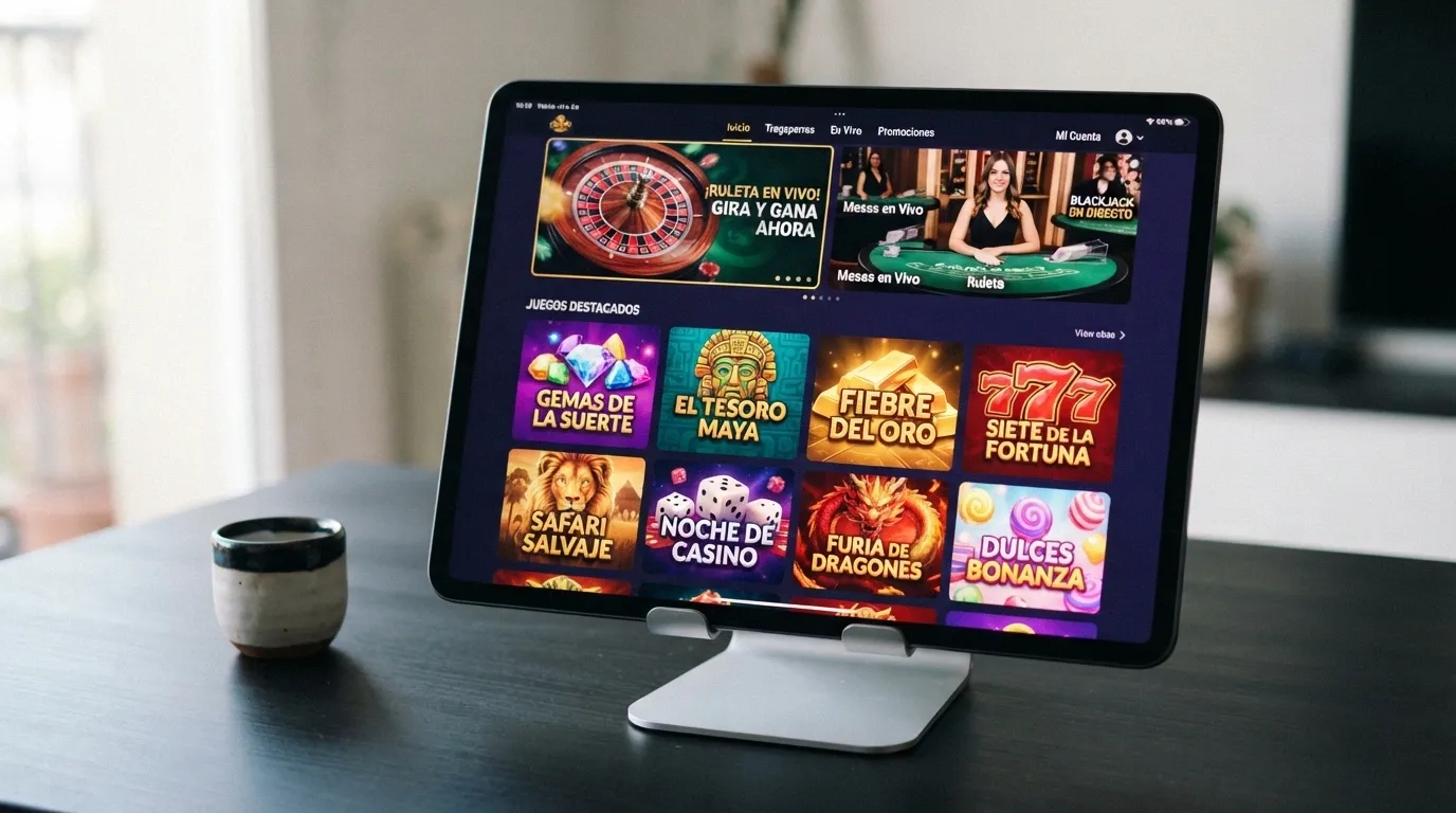 Captura de un lobby de casino online con miniaturas de tragaperras, mesas de ruleta y una sala de casino en vivo
