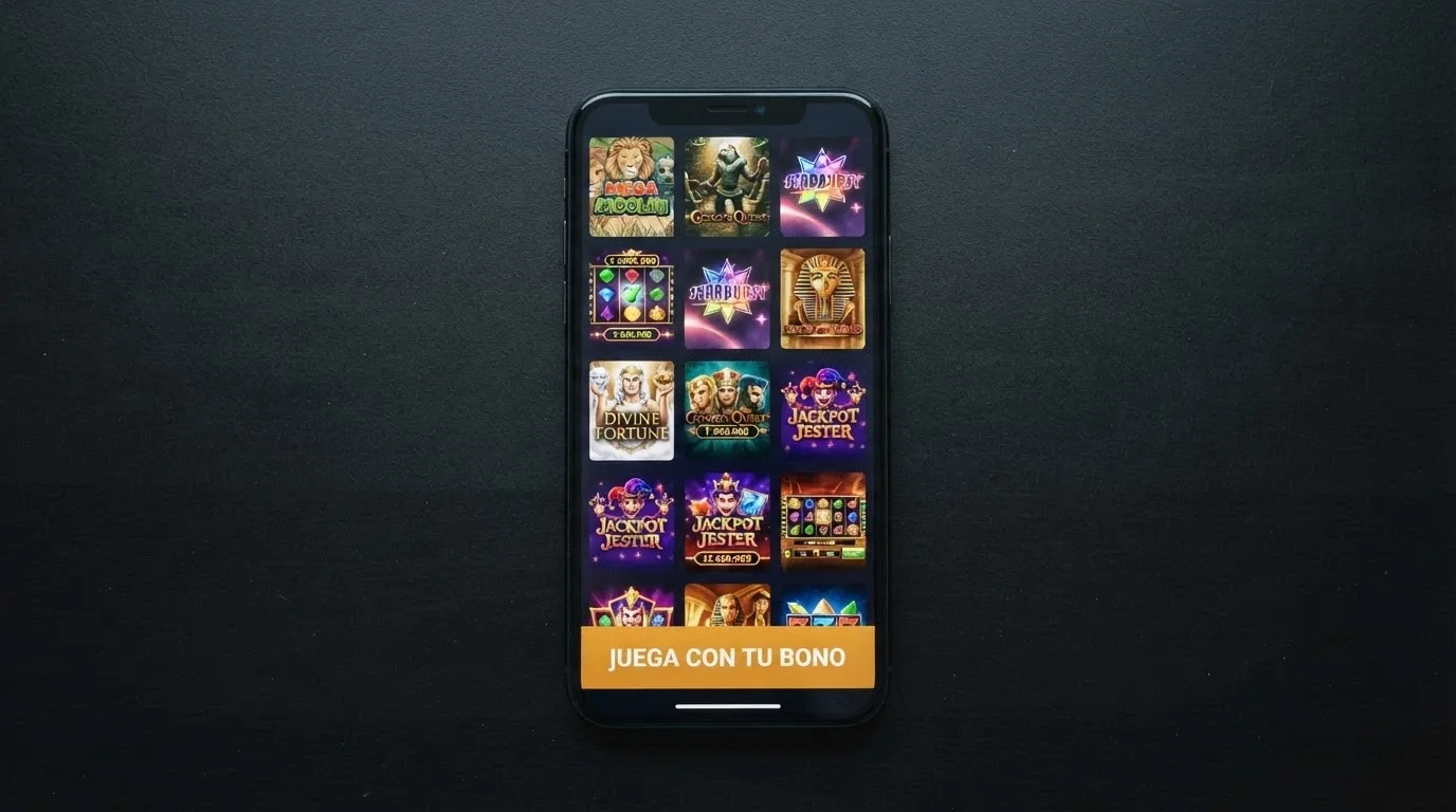 Interfaz de un casino online con una cuadrícula de tragaperras destacadas y el texto «juega con tu bono» en primer plano