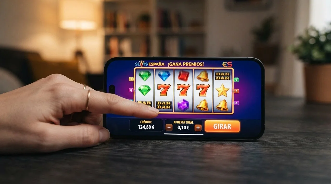 Pantalla de un slot online colorido con la interfaz de apuesta mostrando el selector de cantidad por giro en 0,10 €