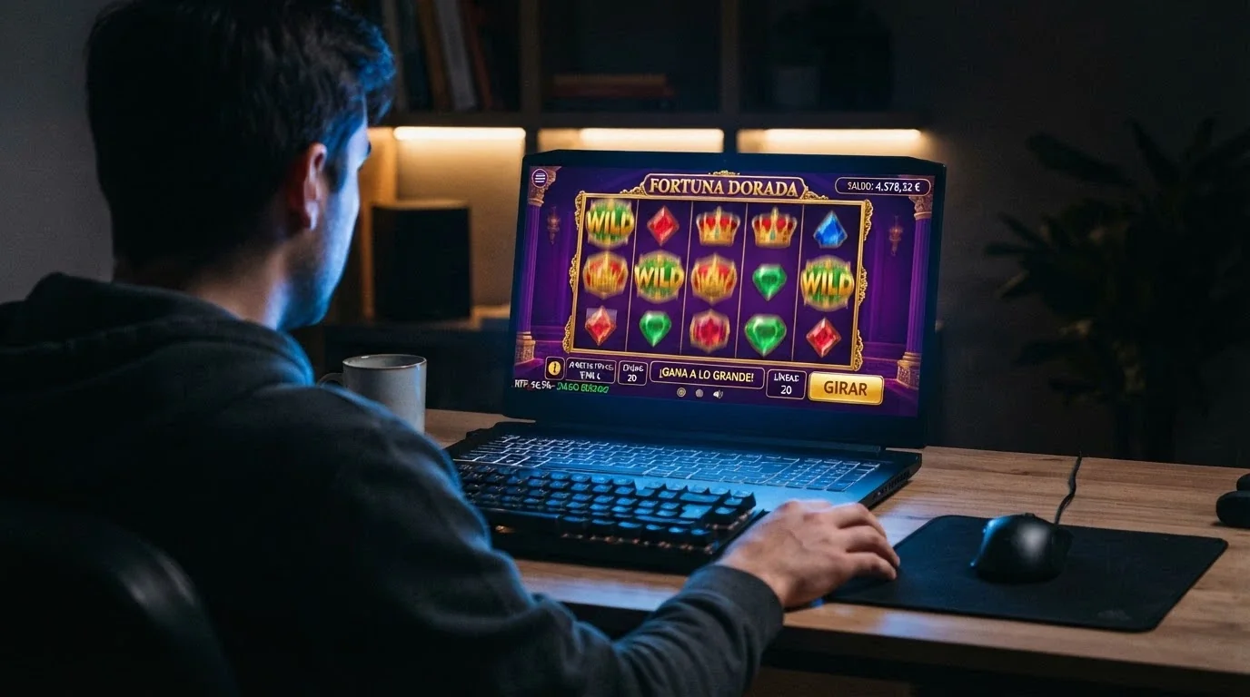 Una tragaperras online colorida con el porcentaje de RTP visible en la pantalla de información del juego
