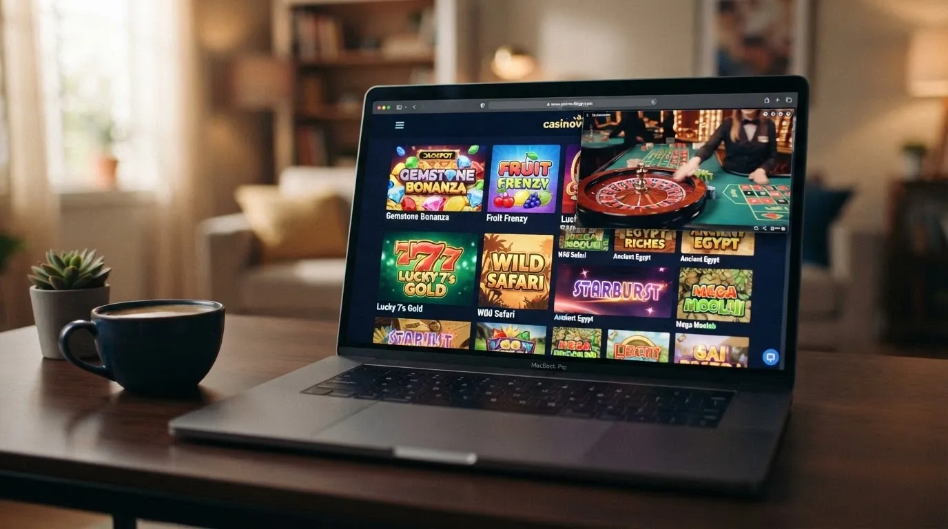 Una interfaz de casino online con una cuadrícula de slots coloridas en primer plano y una mesa de ruleta en vivo en una ventana superpuesta