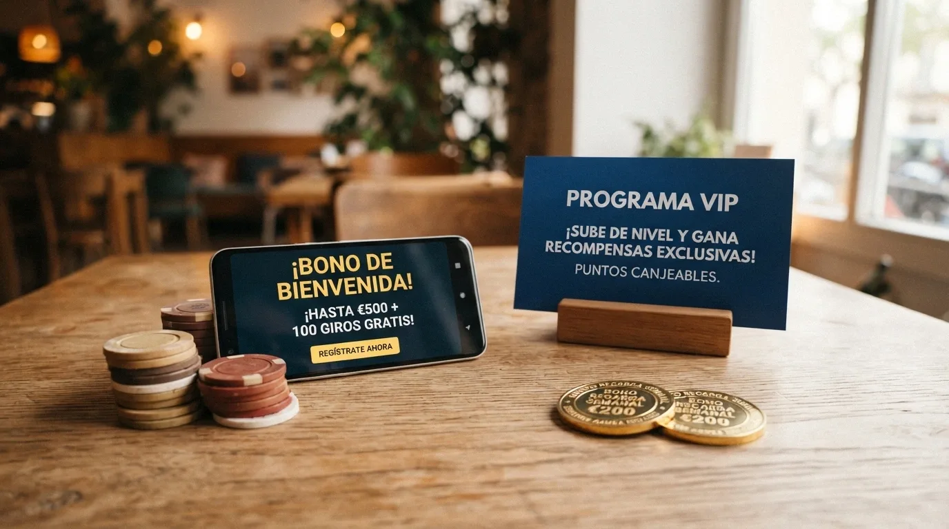 Diferentes fichas de casino, pantallas de bono de bienvenida y tarjetas de promoción dispuestas por categorías