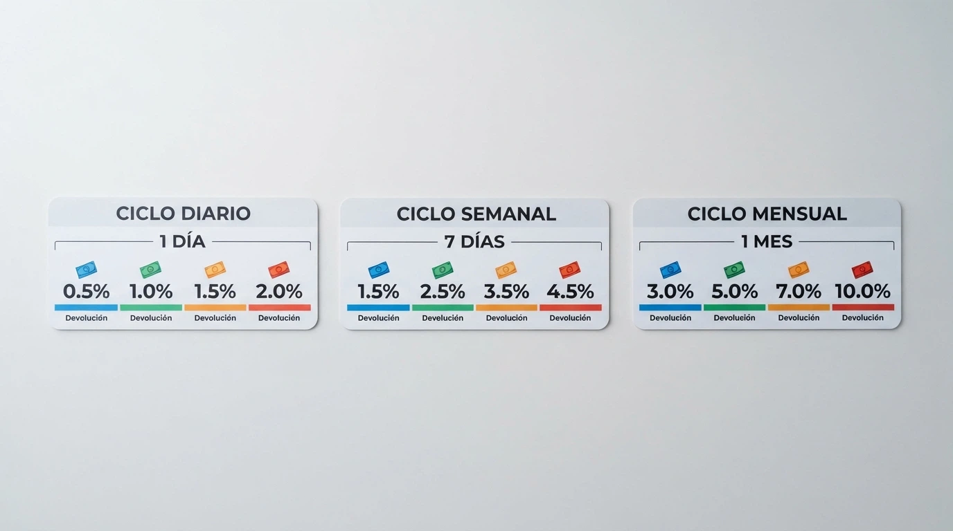 Comparativa visual con tres relojes o calendarios que representan la periodicidad diaria, semanal y mensual del reembolso, cada uno asociado a un porcentaje distinto