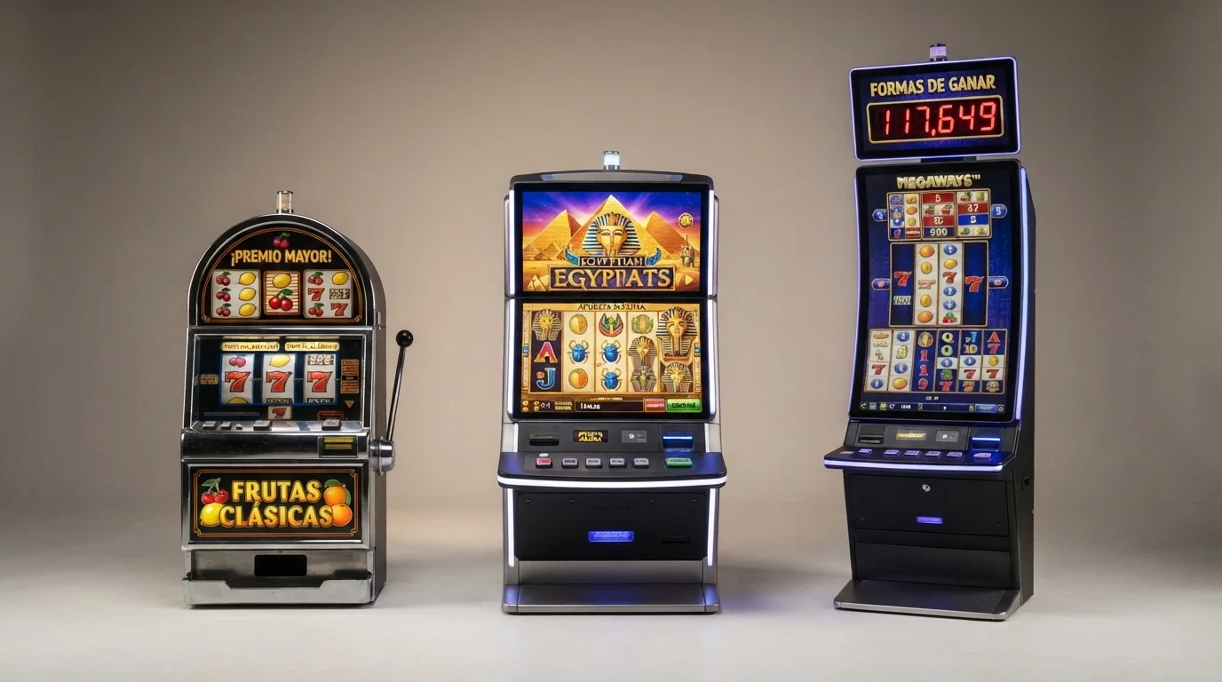 Tres tragaperras en paralelo: una clásica de frutas con 3 rodillos, una video slot 5×3 con temática egipcia y una Megaways con rodillos de altura variable y contador de formas de ganar