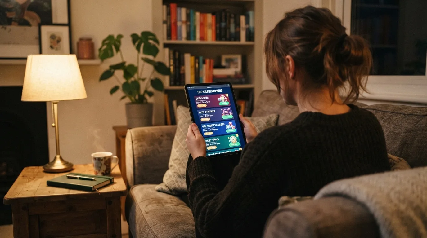 Jugador consultando ofertas de casino online desde una tablet en un entorno doméstico