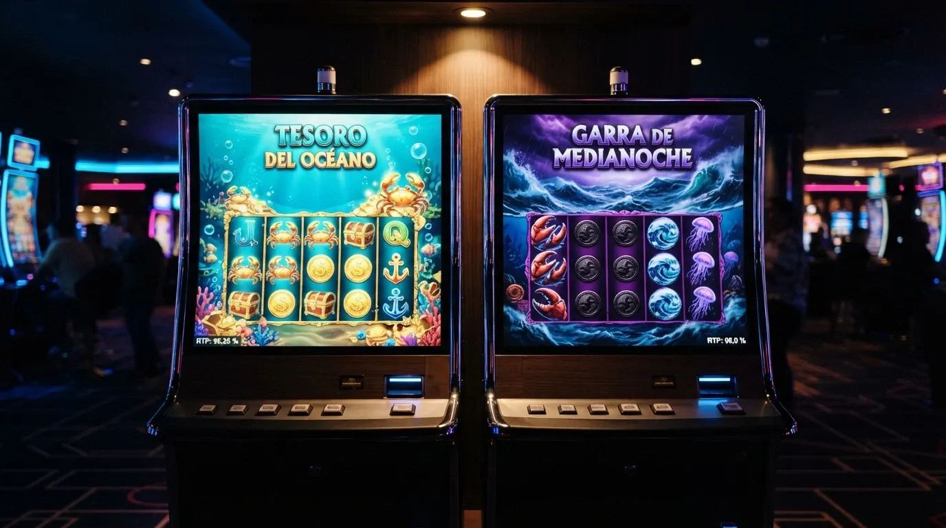 Dos pantallas de tragamonedas una al lado de la otra: a la izquierda Crabby's Gold con cangrejos dorados y burbujas, a la derecha Crab Chaos con colores oscuros y pinzas gigantes