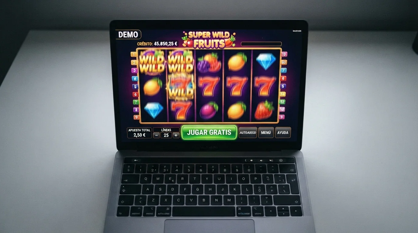 Una tragamonedas online en modo demo con el contador de créditos ficticios visible y el botón «jugar gratis» señalado