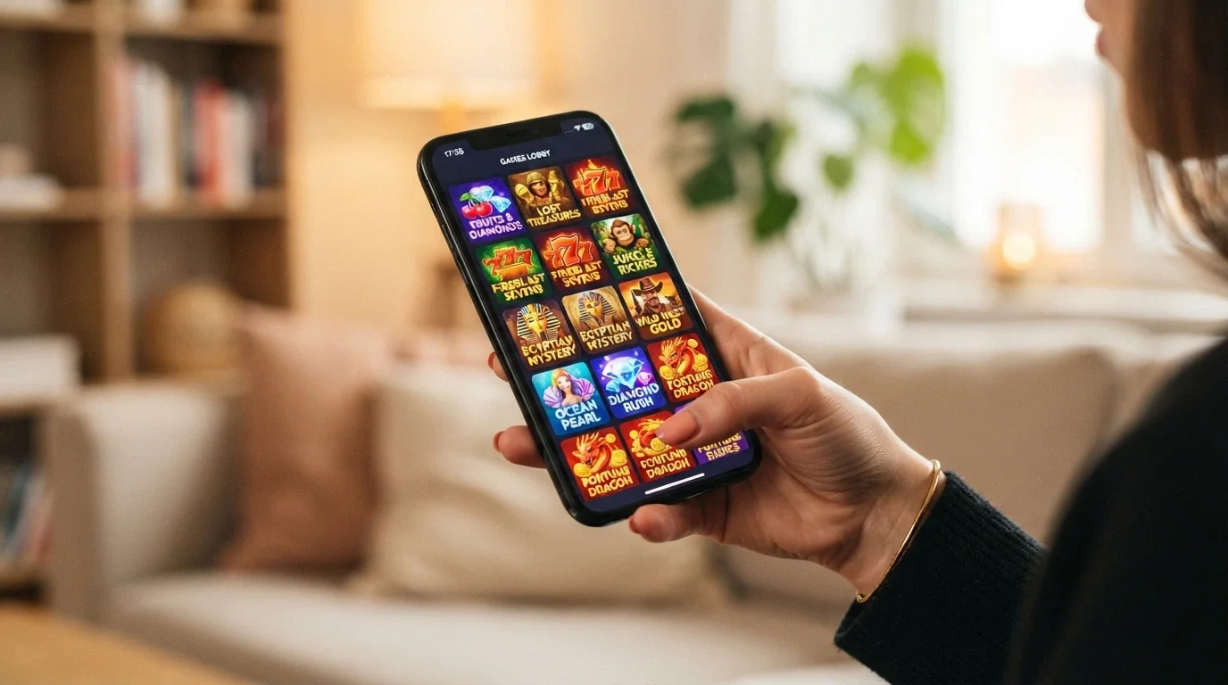Colección de miniaturas de tragamonedas populares en la pantalla de selección de juegos de un casino online