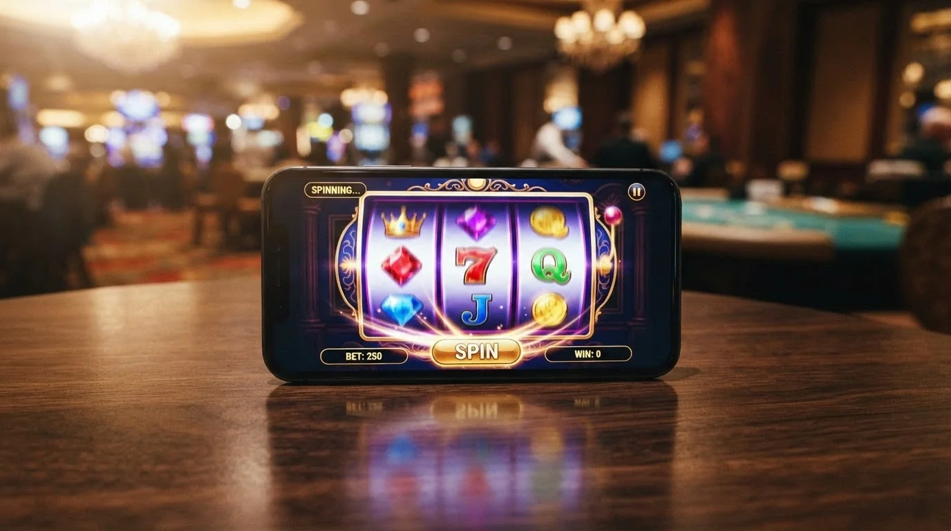 Pantalla de un juego de tragaperras popular como Starburst o Book of Dead en un iPhone, con la interfaz de un casino español de fondo