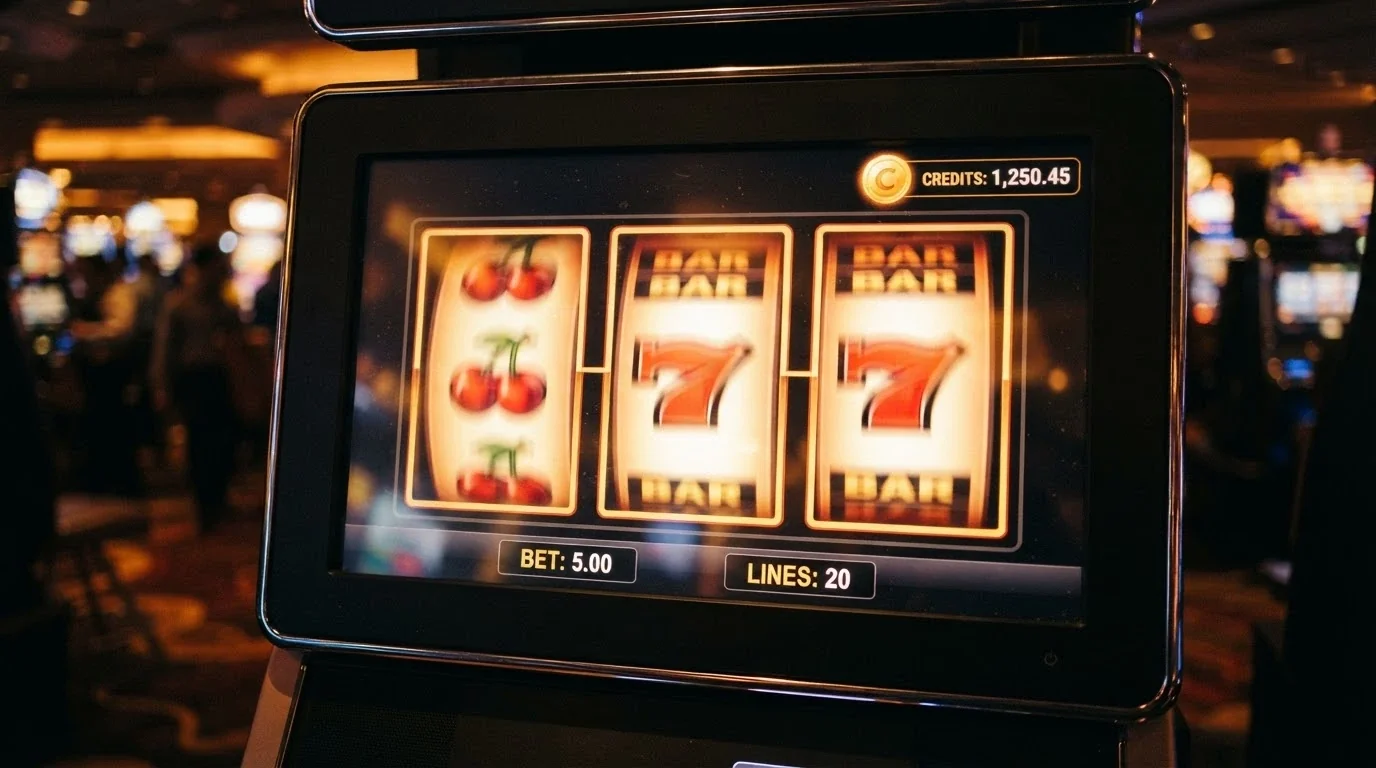 Primer plano de los rodillos de una tragaperras digital colorida en una pantalla con el símbolo de Bitcoin Cash en la interfaz del casino