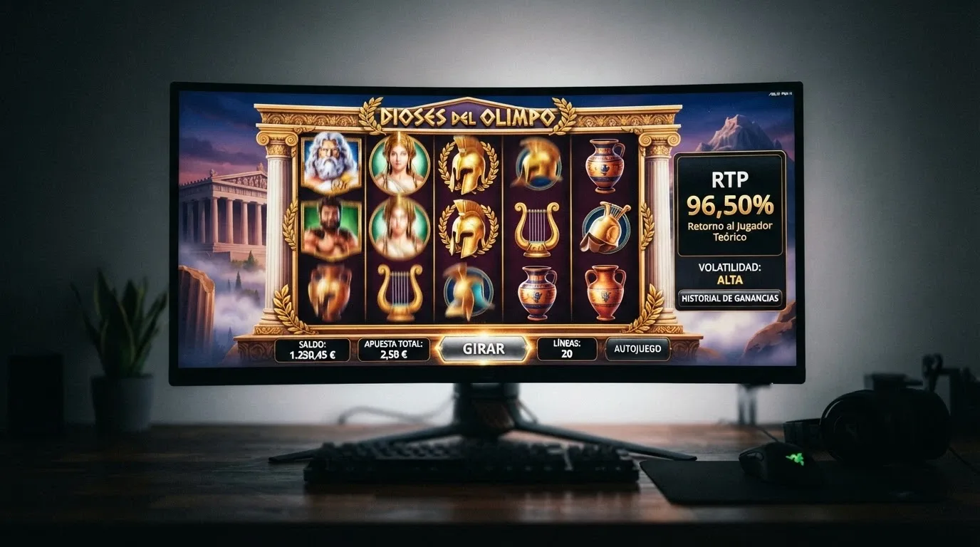 La pantalla de un ordenador mostrando la ficha técnica de una tragaperras online donde se lee «RTP 96,50%» junto a los rodillos en movimiento con símbolos de la mitología griega