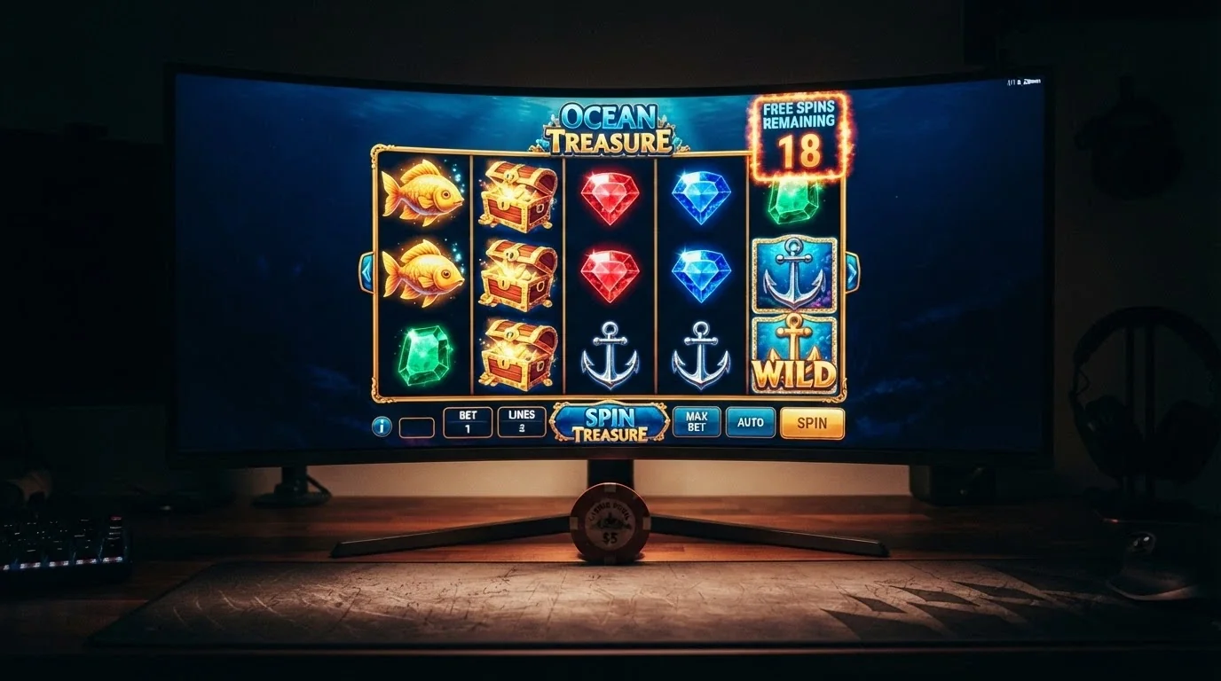 Interfaz de una tragaperras online con la función de tiradas gratis activada en pantalla