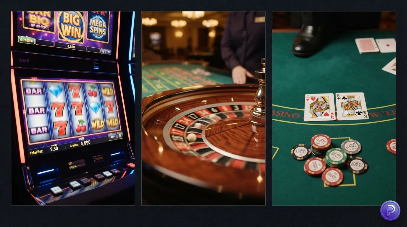 Pantalla dividida con una tragaperras de colores a la izquierda, una ruleta en vivo al centro y una mano de blackjack a la derecha, con el icono TRX en la esquina