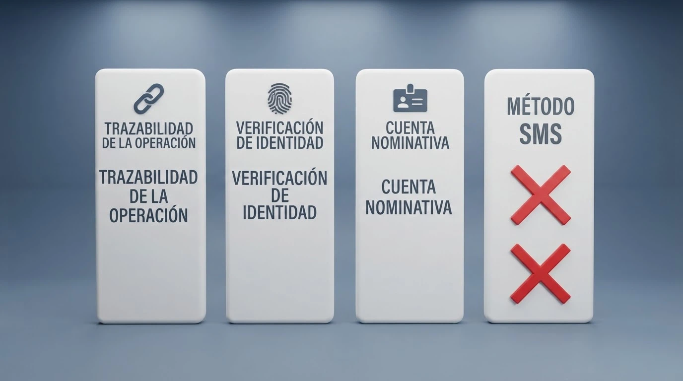 Diagrama con tres columnas: requisitos DGOJ (trazabilidad, KYC, cuenta nominal) frente a una columna de SMS marcada con cruces rojas en los tres requisitos