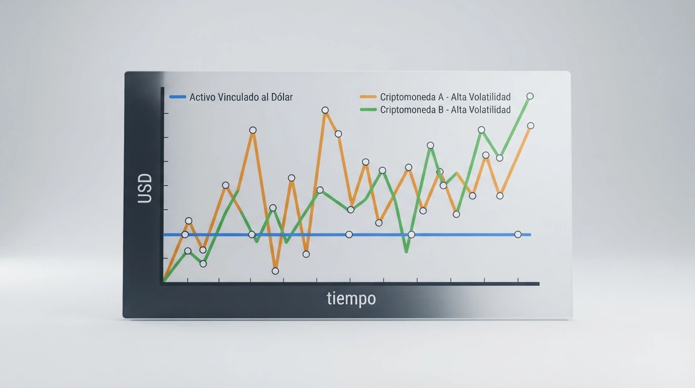 Un gráfico comparativo con tres líneas: USDC plana y estable, BTC y ETH con oscilaciones bruscas a lo largo del tiempo