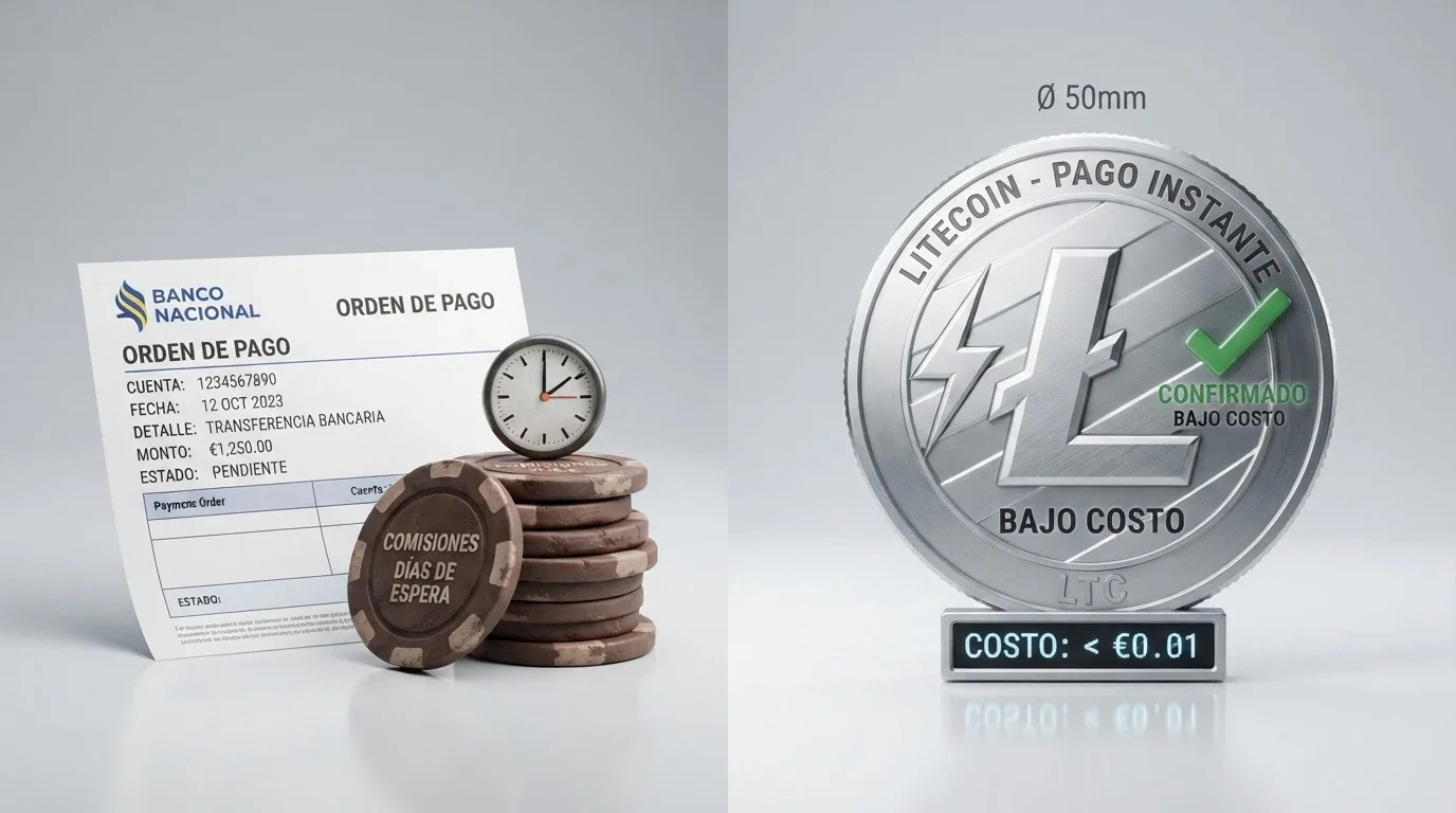 Comparación visual entre una transferencia bancaria tradicional con comisiones y días de espera frente a un depósito con Litecoin instantáneo y sin coste