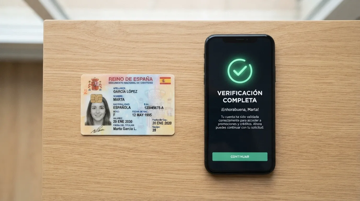 Un documento de identidad junto a un teléfono móvil mostrando la pantalla de verificación de cuenta de un casino con licencia DGOJ